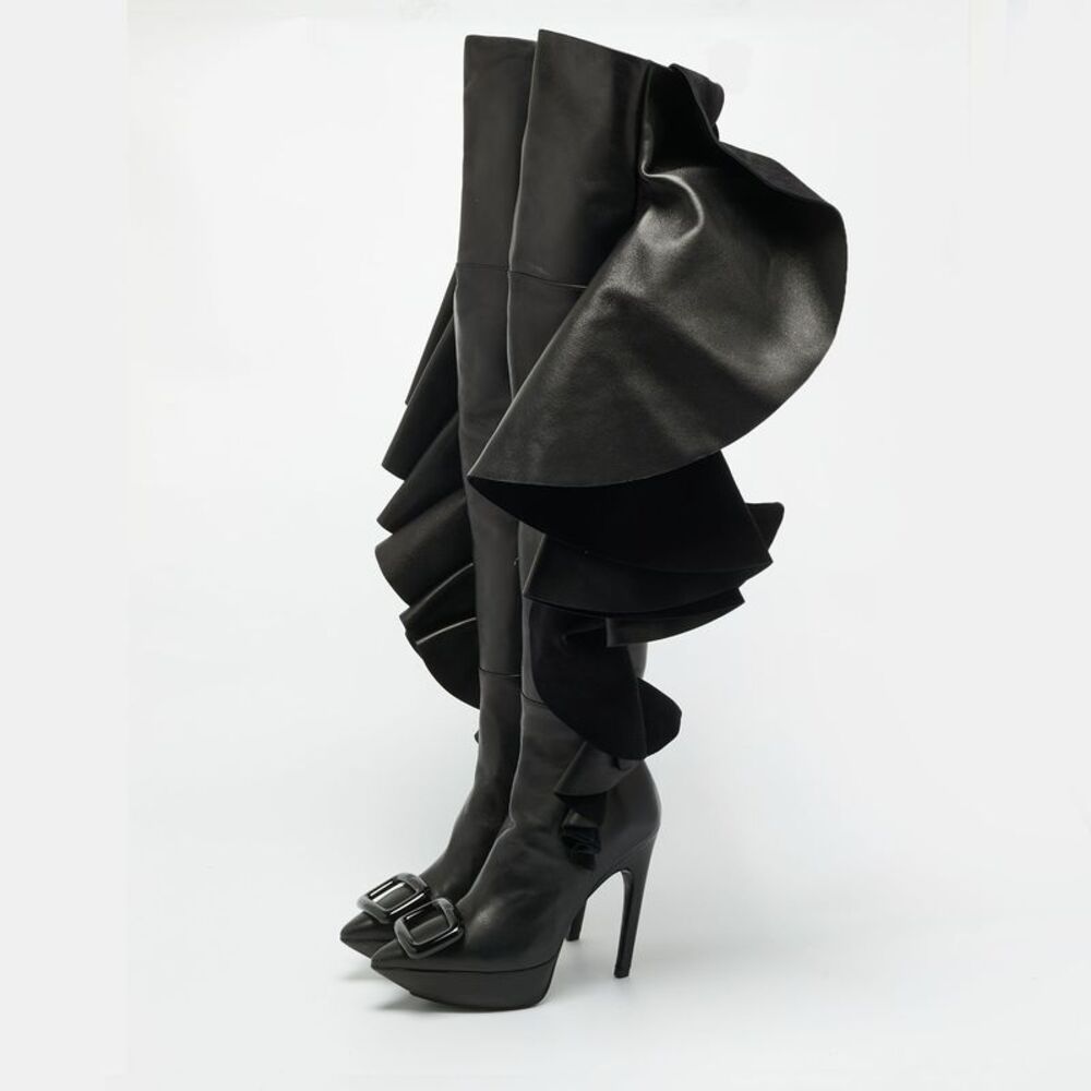 Roger Vivier Viv Size 40 Black Leather Knee Length Boots - Picture 2 of 7